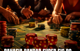 Tabel kasino Super Sic Bo dengan tiga dadu dan chip taruhan